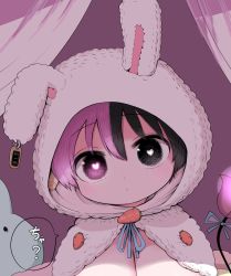 Rule 34 | 1girl, animal hood, bed, black eyes, black hair, breasts, canopy bed, capelet, cleavage, demon girl, demon horns, demon tail, ear tag, female focus, head tilt, heart, heart-shaped pupils, heterochromia, highres, hood, hooded capelet, horns, large breasts, looking at viewer, multicolored hair, oppai loli, original, out-of-frame censoring, purple eyes, purple hair, rabbit ears, solo, split-color hair, symbol-shaped pupils, tail, zurikishi