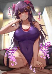 Rule 34 | 1boy, 1girl, bare arms, bare shoulders, black thighhighs, blush, breasts, censored, cleavage, clothing aside, competition swimsuit, covered navel, cowgirl position, girl on top, hair ornament, hand up, hetero, highres, kihou no gotoku dmc, large breasts, long hair, looking at viewer, mosaic censoring, one-piece swimsuit, original, pointy ears, purple hair, purple one-piece swimsuit, red eyes, sex, smile, solo focus, spread legs, straddling, swimsuit, swimsuit aside, thighhighs, thighs, two side up, vaginal