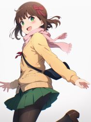 Rule 34 | 1girl, :d, absurdres, amami haruka, black pantyhose, blush, bow, brown footwear, brown hair, cardigan, floating hair, from side, green eyes, green skirt, gyorui (katsuwo drawing), hair bow, highres, idolmaster, idolmaster (classic), loafers, long sleeves, medium hair, miniskirt, open mouth, pantyhose, pink scarf, pleated skirt, red bow, scarf, school uniform, shoes, simple background, skirt, smile, solo, standing, standing on one leg, white background, yellow cardigan