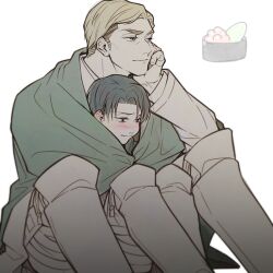 Rule 34 | 2boys, black hair, blonde hair, blush, boots, cloak, erwin smith, feet out of frame, food, g321377377, green cloak, hand on own cheek, hand on own face, levi (shingeki no kyojin), male focus, multiple boys, parted bangs, shingeki no kyojin, short hair, sitting, smile, sushi, thick eyebrows, white background, yaoi