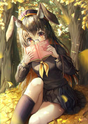 Rule 34 | 1girl, absurdres, ahoge, animal ear fluff, animal ears, autumn, beret, black hair, black shirt, black skirt, black socks, blush, book, breasts, colored inner hair, commentary request, covering own mouth, day, feet out of frame, forest, glasses, hands up, hat, highres, holding, holding book, knee up, kneehighs, leaf, light particles, long hair, long sleeves, looking at viewer, miniskirt, mirage (rairudiseu), multicolored hair, nature, neckerchief, open book, orange eyes, original, outdoors, pleated skirt, puffy long sleeves, puffy sleeves, rabbit ears, red eyes, school uniform, serafuku, shirt, sitting, skirt, socks, solo, tree, very long hair, yellow neckerchief