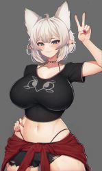 Rule 34 | 1girl, ahoge, animal ears, arm up, black choker, black shirt, black shorts, blush, borrowed character, breasts, choker, closed mouth, clothes around waist, cowboy shot, ear piercing, extra ears, grey background, grey hair, hand on own hip, highleg, highres, jacket, jacket around waist, large breasts, lorel (auraaa), midriff, nail polish, navel, original, panty straps, piercing, pointy ears, print shirt, red jacket, red nails, shirt, short hair, short shorts, short sleeves, shorts, simple background, smile, solo, spiked choker, spikes, standing, torn clothes, torn shorts, v, varniskarnis