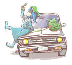 Rule 34 | backpack, bag, car, cattail, cucumber, highres, kawashiro nitori, leaning back, leaning on object, looking at viewer, looking to the side, motion lines, motor vehicle, peroponesosu., plant, solo, touhou, vehicle focus, white background