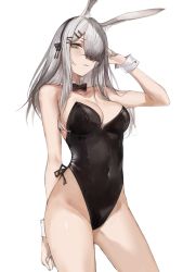 Rule 34 | 1girl, absurdres, alternate costume, arknights, bare arms, bare shoulders, black bow, black bowtie, black leotard, blush, bow, bowtie, breasts, cleavage, commentary request, covered navel, cowboy shot, detached collar, dokuro deluxe, frostnova (arknights), grey eyes, grey hair, hand up, highres, large breasts, leotard, long hair, looking at viewer, playboy bunny, scar, scar on face, scar on nose, simple background, solo, standing, strapless, strapless leotard, thighs, white background, wrist cuffs