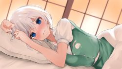 Rule 34 | 1girl, 258n, arms up, blanket, blue eyes, blurry, blurry background, blush, breasts, closed mouth, depth of field, dutch angle, furrowed brow, green skirt, green vest, hair between eyes, highres, hitodama print, indoors, konpaku youmu, looking at viewer, lying, medium breasts, no headwear, nose blush, on bed, on side, pillow, puffy short sleeves, puffy sleeves, shirt, short hair, short sleeves, silver hair, skirt, sliding doors, solo, touhou, vest, wavy mouth, white shirt