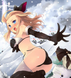 Rule 34 | 1girl, 5pb., ass, black gloves, black panties, blue eyes, blush, boots, bow, bra, braid, bravely default: flying fairy, bravely default (series), edea lee, elbow gloves, gloves, hair bow, long hair, looking at viewer, open mouth, panties, shin (new), side-tie panties, solo, thighhighs, underwear, underwear only, untied, wardrobe malfunction, white bra