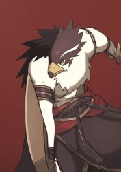 Rule 34 | 1boy, beak, dual wielding, egyptian mythology, feathers, furry, furry male, harusame10000, holding, horus (mythology), male focus, original, red background, sash, serious, simple background, solo, sword, topless male, weapon