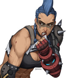 Rule 34 | 1girl, abs, armor, artist name, bare shoulders, blood, braid, breasts, breikka, cleavage, clothes lift, earrings, elbow pads, eyebrow piercing, facial tattoo, gauntlets, hand up, highres, jewelry, junker queen (overwatch), large breasts, leaning forward, lifting own clothes, lip piercing, lips, long hair, looking to the side, mohawk, nosebleed, overwatch, overwatch 2, parted lips, piercing, red eyes, red lips, shoulder armor, shoulder spikes, simple background, solo, spikes, sports bra, stomach, sweat, tan, tank top, tattoo, teeth, twin braids, upper body, white background