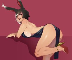 Rule 34 | 1girl, absurdres, animal ears, backless dress, backless outfit, bent over, black dress, black hair, black nails, breasts, brown eyes, combos &amp; doodles, dress, glasses, gold footwear, high heels, highres, kneepits, large breasts, leg up, looking at viewer, mole, mole under eye, multicolored hair, open mouth, original, rabbit ears, rabbit girl, red background, short hair, sideboob, sleeveless, sleeveless dress, solo, streaked hair, teeth, upper teeth only, white hair