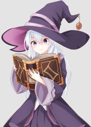 Rule 34 | 1girl, angel ina, blue eyes, book, commentary, elaina (majo no tabitabi), hat, holding, long hair, majo no tabitabi, robe, simple background, solo, white hair, wide sleeves, witch hat