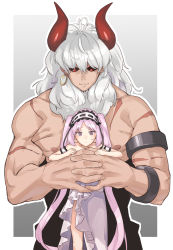 Rule 34 | 1boy, 1girl, armband, asterios (fate), bare shoulders, black sclera, colored sclera, cuffs, demon boy, dress, earrings, euryale (fate), fate/grand order, fate (series), gradient background, grey background, hair between eyes, hairband, highres, holding person, hoop earrings, horns, jewelry, long hair, looking down, muchi maro, muscular, muscular male, nipples, pectorals, purple dress, purple hair, red eyes, scar, single earring, size difference, smile, sweatdrop, topless male, two side up, white hair