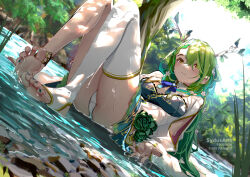 Rule 34 | 1girl, anklet, antlers, braid, braided bangs, breasts, ceres fauna, ceres fauna (1st costume), day, flower, green hair, green nails, hair flower, hair ornament, hololive, hololive english, horns, jewelry, long hair, looking at viewer, medium breasts, mole, mole under eye, multicolored hair, nail polish, outdoors, panties, single thighhigh, sitting, solo, stirrup legwear, streaked hair, sydus, thighhighs, toeless legwear, toenail polish, toenails, underwear, virtual youtuber, water, wet, white panties, white thighhighs, yellow eyes