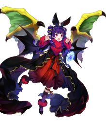 Rule 34 | 1girl, animal ears, bat ears, bat wings, black coat, black footwear, black hairband, black ribbon, bow, claw pose, coat, dragon girl, dragon wings, dragonstone, dress, fake animal ears, fang, fire emblem, fire emblem: the sacred stones, fire emblem heroes, full body, fur-trimmed coat, fur-trimmed sleeves, fur trim, gao, gold trim, green wings, hair ornament, hair ribbon, hair tie, hairband, halloween costume, high heels, highres, kneehighs, long coat, long hair, long sleeves, multi-tied hair, myrrh (fire emblem), nintendo, official alternate costume, official art, pale skin, puffy long sleeves, puffy sleeves, purple hair, purple socks, red dress, red eyes, ribbon, shin strap, socks, solo, striped clothes, striped socks, transparent background, twintails, vertical-striped clothes, vertical-striped socks, wings, wrist cuffs, yellow wings