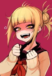 Rule 34 | 10s, 1girl, blonde hair, blunt bangs, blush, boku no hero academia, cardigan, clenched hands, double bun, fangs, hair bun, hands up, happy, heart, j.k., long sleeves, looking at viewer, maroon background, open mouth, red background, red ribbon, ribbon, school uniform, serafuku, short hair, simple background, smile, solo, teeth, toga himiko, yellow eyes