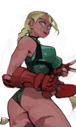 Rule 34 | 33dot, :p, ass, bare shoulders, blonde hair, blue eyes, braid, breasts, cammy white, covered erect nipples, fingerless gloves, from below, gloves, hat, highres, large breasts, leotard, long hair, sleeveless, street fighter, tongue, tongue out, v
