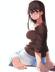 Rule 34 | 1girl, absurdres, amu (258shin), arm support, barefoot, black-framed eyewear, black hair, blush, breasts, brown eyes, brown shirt, closed mouth, collarbone, denim, from behind, glasses, hair ornament, hairclip, highres, jeans, light smile, looking at viewer, looking back, original, pants, shirt, simple background, sitting, soles, solo, wariza, white background