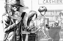 Rule 34 | 2girls, 4boys, blood (game), book, bookshelf, caleb (blood), coat, commentary, crossover, desk, english commentary, eyes in shadow, frown, gaikotsu shotenin honda-san, greyscale, gun sling, hat, hiding, hiding behind another, holding, holding book, honda-san, long hair, monitor, monochrome, multiple boys, multiple girls, parted bangs, queue, reading, shopping basket, short hair, sign, simple background, skeleton, smile, substance20, trembling, trench coat, weapon, weapon on back