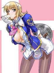 Rule 34 | 1girl, blonde hair, blue eyes, breasts, cassandra alexandra, cover, dripping, food, gloves, hairband, large breasts, necktie, open clothes, open shirt, pantyhose, pink necktie, popsicle, satou shouji, sexually suggestive, shield, shirt, solo, soul calibur, soulcalibur, soulcalibur iii, suggestive fluid
