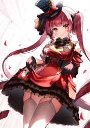 Rule 34 | 1girl, absurdres, black bow, black gloves, black hat, black ribbon, bow, breasts, brown eyes, cleavage, closed mouth, commentary request, detached sleeves, dress, flower, frilled dress, frills, garter straps, gloves, gothic lolita, hair ribbon, hat, hat flower, heterochromia, highres, hololive, houshou marine, houshou marine (gothic lolita), juliet sleeves, large breasts, lolita fashion, long hair, long sleeves, looking at viewer, petals, puffy sleeves, red dress, red eyes, red flower, red hair, red rose, red sleeves, ribbon, rose, see-through, see-through cleavage, segawa luna, skirt hold, smile, solo, standing, thighhighs, tilted headwear, twintails, very long hair, virtual youtuber, white thighhighs