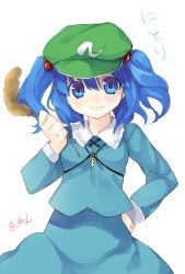 Rule 34 | 1girl, akayan, bad id, bad pixiv id, blue eyes, blue hair, cattail, commentary request, hair bobbles, hair ornament, hand on own hip, hat, highres, kawashiro nitori, key, looking at viewer, plant, solo, touhou, twintails, two side up, white background