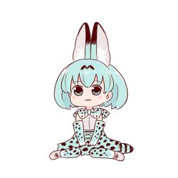 Rule 34 | 10s, 1girl, :3, alternate color, alternate eye color, alternate hair color, animal ears, batta (ijigen debris), blue theme, blush stickers, bow, bowtie, closed mouth, commentary request, elbow gloves, gloves, high-waist skirt, kemono friends, looking at viewer, mint chocolate, serval (kemono friends), serval print, serval tail, shirt, short hair, simple background, sitting, skirt, sleeveless, sleeveless shirt, smile, solo, tail, thighhighs, wariza, white background, white shirt