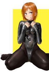 Rule 34 | 1girl, blush, breasts squeezed together, breasts, brown eyes, brown pantyhose, closed mouth, commentary request, covered face, hands up, highres, kilye kairi, latex, latex leotard, leotard, looking at viewer, medium breasts, orange hair, original, pantyhose, sitting, sleeves past wrists, smile, solo, two-tone background, wariza, white background, yellow background