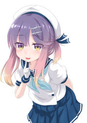 Rule 34 | 1girl, blue neckerchief, blue ribbon, blue sailor collar, blue skirt, commentary request, cowboy shot, gloves, gradient hair, hat, highres, index finger raised, kantai collection, koda (kodadada), leaning forward, looking at viewer, multicolored hair, neckerchief, orange hair, pleated skirt, puffy short sleeves, puffy sleeves, purple eyes, purple hair, ribbon, sailor collar, sailor hat, school uniform, serafuku, short hair, short sleeves, sidelocks, simple background, skirt, smile, solo, standing, tareme, tsushima (kancolle), white background, white gloves, white hat