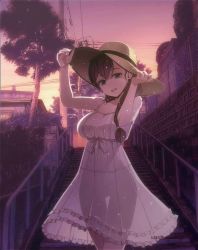 Rule 34 | 1girl, artist name, artist request, bare shoulders, blush, breasts, cloud, dress, female focus, green eyes, hair over shoulder, hat, holding, holding clothes, holding hat, long hair, looking at viewer, love live!, love live! school idol project, medium breasts, naoeriki, outdoors, parted lips, purple hair, smile, solo, sun hat, sundress, sunset, tojo nozomi, twintails, white dress