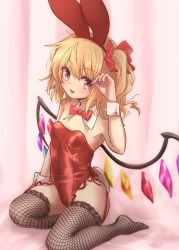 Rule 34 | 1girl, :d, animal ears, bare shoulders, blonde hair, bow, bowtie, breasts, crystal, detached collar, fishnet thighhighs, fishnets, flandre scarlet, full body, garter straps, highres, leotard, looking at viewer, medium hair, naegi (naegidokoro), nail polish, one side up, open mouth, pink nails, rabbit ears, rabbit tail, red bow, red bowtie, red eyes, red leotard, seiza, side ponytail, sitting, small breasts, smile, solo, tail, thighhighs, touhou, wings, wrist cuffs