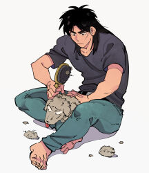 Rule 34 | 1boy, barefoot, black eyes, black hair, black shirt, blue pants, brushing, closed mouth, commentary request, dog, facial scar, full body, grey background, hair brush, holding, holding hair brush, inudori, itou kaiji, kaiji, long hair, looking at animal, looking down, male focus, medium bangs, pants, parted bangs, scar, scar on cheek, scar on ear, scar on face, scar on hand, shirt, short sleeves, simple background, sitting, solo
