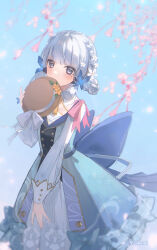 Rule 34 | 1girl, absurdres, ayaka (genshin impact), back bow, blue bow, blue dress, blue eyes, blue sky, blunt tresses, blurry, blush, bow, braid, braided hair rings, breasts, butterfly hair ornament, buttons, cherry blossoms, covered mouth, depth of field, dress, flower, genshin impact, gold trim, hair flower, hair ornament, hair rings, hand up, hat, hat flower, hat leaf, unworn hat, unworn headwear, highres, holding, holding clothes, holding hat, kamisato ayaka, kamisato ayaka (springbloom missive), long sleeves, mole, mole under eye, multicolored clothes, multicolored dress, neck tassel, official alternate costume, official alternate hairstyle, outdoors, puffy long sleeves, puffy sleeves, sky, small breasts, solo, twitter username, white flower, white hair, yellow flower, yukiri (l ii)