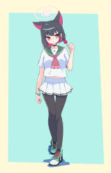 Rule 34 | 1girl, :o, absurdres, animal ears, ascot, black hair, black pantyhose, blue archive, blush, breasts, candy, colored inner hair, food, full body, green footwear, halo, hand up, highres, holding, holding candy, holding food, holding lollipop, kazusa (blue archive), lollipop, midriff, miniskirt, multicolored hair, navel, pantyhose, pendant choker, pink ascot, pink eyes, sailor collar, shirt, shoes, short hair, short sleeves, skirt, small breasts, sneakers, solo, suecovsky, walking, white shirt, white skirt, wristband
