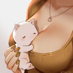 Rule 34 | 1girl, blouse, breast focus, breasts, brown nails, brown shirt, cat, cleavage, gradient background, head out of frame, jewelry, midori foo, nail polish, necklace, original, shirt, twitter username