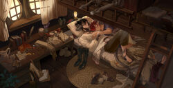 2boys absurdres arm_rest au_ra bare_arms bed black_hair black_nails blanket book closed_eyes closed_mouth coin cup curtains desk elezen elf final_fantasy final_fantasy_xiv fingernails gem hand_on_another&#039;s_chest head_on_chest head_on_pillow highres horns indoors inkwell jewelry knee_up ladder male_focus multiple_boys on_bed pants parted_lips pillow pointy_ears quill red_hair ring scales shared_bed shirt shiun_(zxw936170020) short_hair sidelocks sleeping tail toes under_covers unworn_clothes unworn_footwear warrior_of_light_(ff14) window yaoi