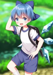 Rule 34 | 1girl, backpack, bag, black bag, blue bow, blue eyes, blue hair, blue shorts, bow, cirno, commentary request, fairy, gym shirt, hair bow, highres, ice, ice wings, kneeling, outdoors, ruu (tksymkw), shirt, short hair, short sleeves, shorts, solo, tomboy, touhou, very short hair, white shirt, wings