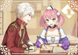 Rule 34 | 1boy, 1girl, :d, atelier (series), atelier escha &amp; logy, black shirt, blue choker, book, bracelet, braid, breasts, brown background, choker, cleavage, commentary request, dated, escha malier, fingerless gloves, fur choker, gloves, green eyes, hand on table, hat, holding, holding quill, jacket, jewelry, logix ficsario, long hair, long sleeves, necklace, noma (kifyz23), open book, open clothes, open jacket, open mouth, paper, pink hair, profile, purple jacket, quill, red jacket, shirt, short hair, side braid, sitting, small breasts, smile, table, twintails, upper body, white gloves, white hair, white headwear, white shirt, wide sleeves, writing, yellow eyes