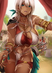 Rule 34 | 1girl, aqua eyes, arm tattoo, bodypaint, breasts, cleavage, dark-skinned female, dark skin, day, eyes visible through hair, facepaint, facial mark, hair between eyes, highres, hikari (komitiookami), jewelry, large breasts, leg tattoo, loincloth, long hair, looking at viewer, md5 mismatch, mole, mole on breast, nail polish, native american, navel, necklace, no panties, open mouth, original, outdoors, parted bangs, pubic tattoo, reaching, reaching towards viewer, resolution mismatch, shiny skin, skindentation, solo, solo focus, source smaller, standing, stomach, stomach tattoo, tan, tattoo, tribal, white hair