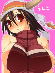 Rule 34 | 10s, 1girl, bad id, bad pixiv id, bandana, bare shoulders, breasts, brown eyes, brown hair, bursting breasts, character request, cleavage, covered erect nipples, highres, horns, huge breasts, lips, long hair, nipples, open mouth, shirayuki usami, simple background, solo, trickster (ntreev soft), vest