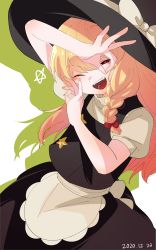 Rule 34 | 1girl, apron, black hat, black skirt, black vest, blonde hair, blush, bow, braid, commentary request, cookie (touhou), cowboy shot, flat chest, hair between eyes, hair bow, hat, hat bow, highres, kirisame marisa, long hair, looking at viewer, makaarami, ok sign, ok sign over eye, one eye closed, open mouth, puffy short sleeves, puffy sleeves, red bow, red eyes, shirt, short sleeves, single braid, skirt, skirt set, smile, solo, star (symbol), suzu (cookie), touhou, turtleneck, unusually open eyes, vest, waist apron, white apron, white bow, white shirt, witch hat