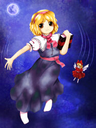 Rule 34 | 2girls, alice margatroid, blonde hair, blue background, book, bow, brown eyes, closed mouth, doll, dress, full body, full moon, grimoire of alice, hair bow, hairband, highres, holding, holding book, long dress, looking at viewer, medium hair, moon, motion lines, multiple girls, neck ribbon, no shoes, official style, parasite oyatsu, puffy short sleeves, puffy sleeves, purple dress, red bow, red dress, red hairband, red ribbon, ribbon, shanghai doll, short sleeves, smile, socks, touhou, white socks, wings, zun (style)