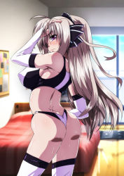 Rule 34 | 1girl, ass, bed, blush, breasts, butt crack, closed mouth, covered erect nipples, hair ornament, hair ribbon, highres, indoors, large breasts, long hair, lyrical nanoha, purple eyes, ribbon, rinne berlinetta, silver hair, solo, sports bra, sweat, tappa (esperanza), thighhighs, thong, vivid strike!, white thighhighs