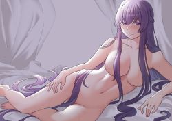 Rule 34 | 1girl, absurdres, bbk (13zk), braid, breasts, commission, commissioner upload, completely nude, embarrassed, fire emblem, fire emblem: the binding blade, french braid, hair censor, highres, large breasts, long hair, looking at viewer, midriff, nintendo, nude, purple eyes, purple hair, solo, sophia (fire emblem), very long hair