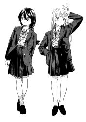 Rule 34 | 2girls, arm up, bow, bowtie, braid, buttons, closed mouth, collared shirt, cross-laced clothes, cross-laced top, crossed ankles, full body, greyscale, hair between eyes, hand in pocket, highres, inushima (k z i t ), jacket, loafers, long hair, long sleeves, looking at viewer, monochrome, multiple girls, open clothes, open jacket, original, pantyhose, pleated skirt, school uniform, screentones, shirt, shoes, simple background, skirt, socks, standing, v, white background