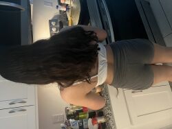 Rule 34 | absurdres, ass, brown hair, creepshot, curvy, grey shorts, highres, huge ass, photo (medium), real life, shorts, tank top, thick thighs, thighs, tight clothes, white tank top