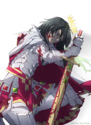 Rule 34 | 1boy, absurdres, armor, black hair, blood, blood on clothes, blood on face, bloody weapon, brown eyes, cloak, commentary request, constantine xi (fate), earrings, fate/grand order, fate (series), feet out of frame, gem, gloves, gradient hair, green gemstone, green hair, hair between eyes, halo, highres, holding, holding sword, holding weapon, house tag denim, jewelry, korean commentary, long hair, looking down, male focus, multicolored hair, on one knee, pants, parted lips, poleyn, red gemstone, sheath, sheathed, simple background, solo, sword, tassel, torn cloak, torn clothes, tunic, twitter username, two-sided fabric, weapon, white armor, white background, white cloak, white footwear, white gloves, white pants, white tunic