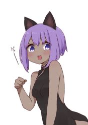 Rule 34 | 1girl, :d, alternate costume, animal ears, black dress, blush, breasts, china dress, chinese clothes, dark-skinned female, dark skin, dress, fake animal ears, fate/prototype, fate/prototype: fragments of blue and silver, fate (series), hair between eyes, hand up, hassan of serenity (fate), i.u.y, open mouth, purple eyes, purple hair, sidelocks, simple background, sleeveless, sleeveless dress, small breasts, smile, solo, teeth, upper teeth only, v-shaped eyebrows, white background