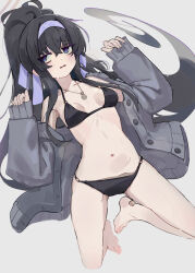 Rule 34 | 1girl, absurdres, bags under eyes, bandaid, bandaid on foot, barefoot, bikini, black bikini, black hair, blue archive, blue eyes, blue hairband, breasts, cardigan, commentary request, grey background, grey cardigan, hair between eyes, hairband, halo, highres, jewelry, kilabo, long hair, medium breasts, navel, necklace, open cardigan, open clothes, open mouth, ponytail, simple background, solo, swimsuit, thighs, toes, ui (blue archive), ui (swimsuit) (blue archive), very long hair