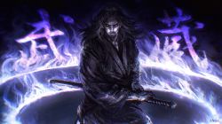 Rule 34 | 1boy, anniechromes, beard, black background, black hair, cowboy shot, facial hair, fighting stance, fire, fire, highres, holding, holding sword, holding weapon, japanese clothes, katana, kimono, long hair, long sleeves, looking at viewer, male focus, miyamoto musashi (vagabond), purple theme, ready to draw, sheath, sheathed, solo, standing, sword, vagabond, weapon