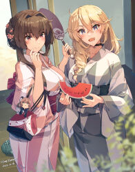 Rule 34 | 3girls, bite mark, blonde hair, blue eyes, breasts, brown hair, cherry blossoms, choker, closed mouth, duplicate, fairy (kancolle), flower, food, fruit, grey kimono, hair bun, hair flower, hair ornament, hair over shoulder, hand fan, highres, himeyamato, holding, holding fan, iowa (kancolle), japanese clothes, kantai collection, kimono, large breasts, long hair, mini person, minigirl, multiple girls, obi, open mouth, paper fan, pink kimono, pixel-perfect duplicate, sash, size difference, smile, standing, star-shaped pupils, star (symbol), symbol-shaped pupils, uchiwa, watermelon, watermelon slice, yamato (kancolle), yukata