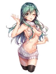 Rule 34 | 10s, 1girl, alternate costume, armpits, bare arms, bare shoulders, black thighhighs, blush, breasts, cropped legs, dress, green eyes, green hair, groin, hair censor, hair ornament, hair over breasts, hairclip, kantai collection, large breasts, long hair, looking at viewer, meme attire, navel, one eye closed, ribbed sweater, simple background, solo, stomach, suzuya (kancolle), sweater, sweater dress, thighhighs, tongue, tongue out, virgin killer sweater, wardrobe error, white background, white sweater, yuli (yulipo)